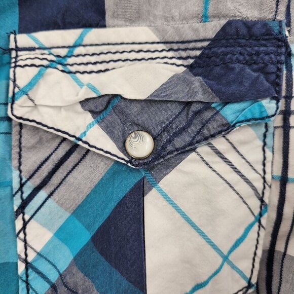VTG BKE Unisex Medium Plaid Western Shirt M Blue Pearl Snap Cotton Cowboy - Picture 4 of 9